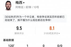 梅西全场表现：评分高达9.5分！射门次数、精准传中、突破次数和对抗次数均为全场最高