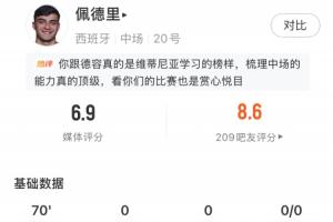 热区图显现对方半场集中!佩德里全场表现:传球成功率85.3%,得分6.9分
