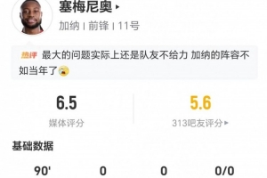 塞梅尼奥此役两射未中+无关键传球 丢球权10次+对抗成功9次 评分6.5分