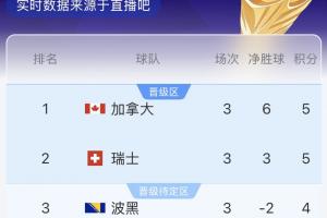 B组半场实时积分排名：加拿大居首，瑞士紧随其后，波黑以4分位列第三，卡塔尔排名最后