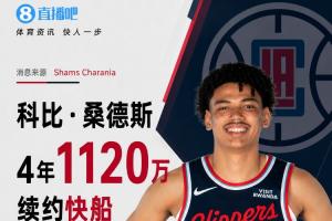沙姆:科比·桑德斯与快船续签4年合同,年薪1120万,场均19.9分钟贡献7.3分