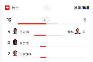 瑞士对阵波黑全场数据：射门次数13次对5次，射正次数7次对3次，控球率62%对38%